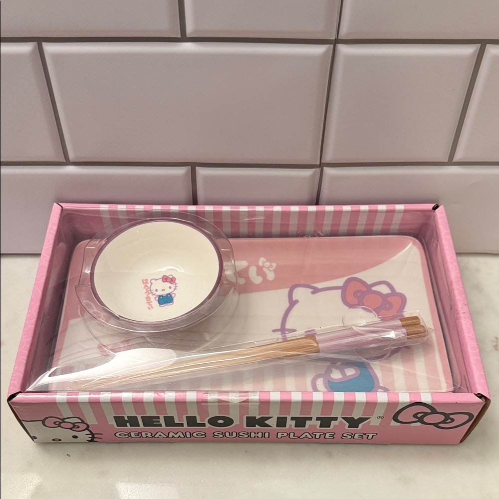 Hello Kitty Pink and White Ceramic Sushi Plate Set with Chopsticks
